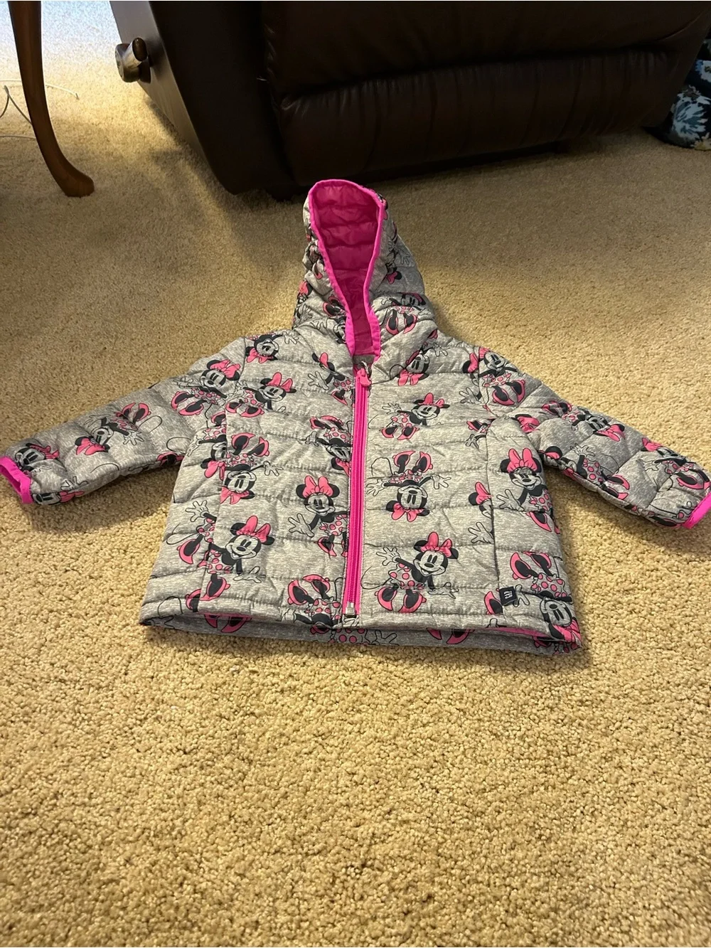GAP Minnie Mouse Hooded Puffer Jacket - Gray & Bright Pink